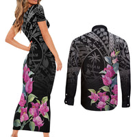 Guahan Puti Tai Nobiu Couples Matching Short Sleeve Bodycon Dress and Long Sleeve Button Shirt Guam Bougainvillea Flower Art