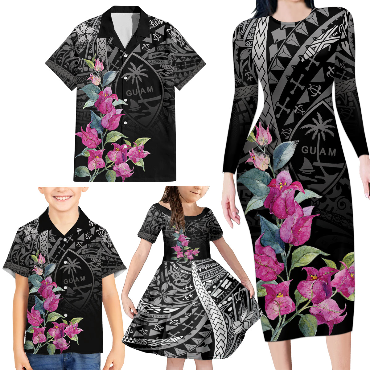 Guahan Puti Tai Nobiu Family Matching Long Sleeve Bodycon Dress and Hawaiian Shirt Guam Bougainvillea Flower Art LT9 - Polynesian Pride