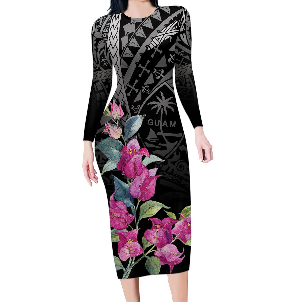 Guahan Puti Tai Nobiu Family Matching Long Sleeve Bodycon Dress and Hawaiian Shirt Guam Bougainvillea Flower Art LT9 Mom's Dress Black - Polynesian Pride