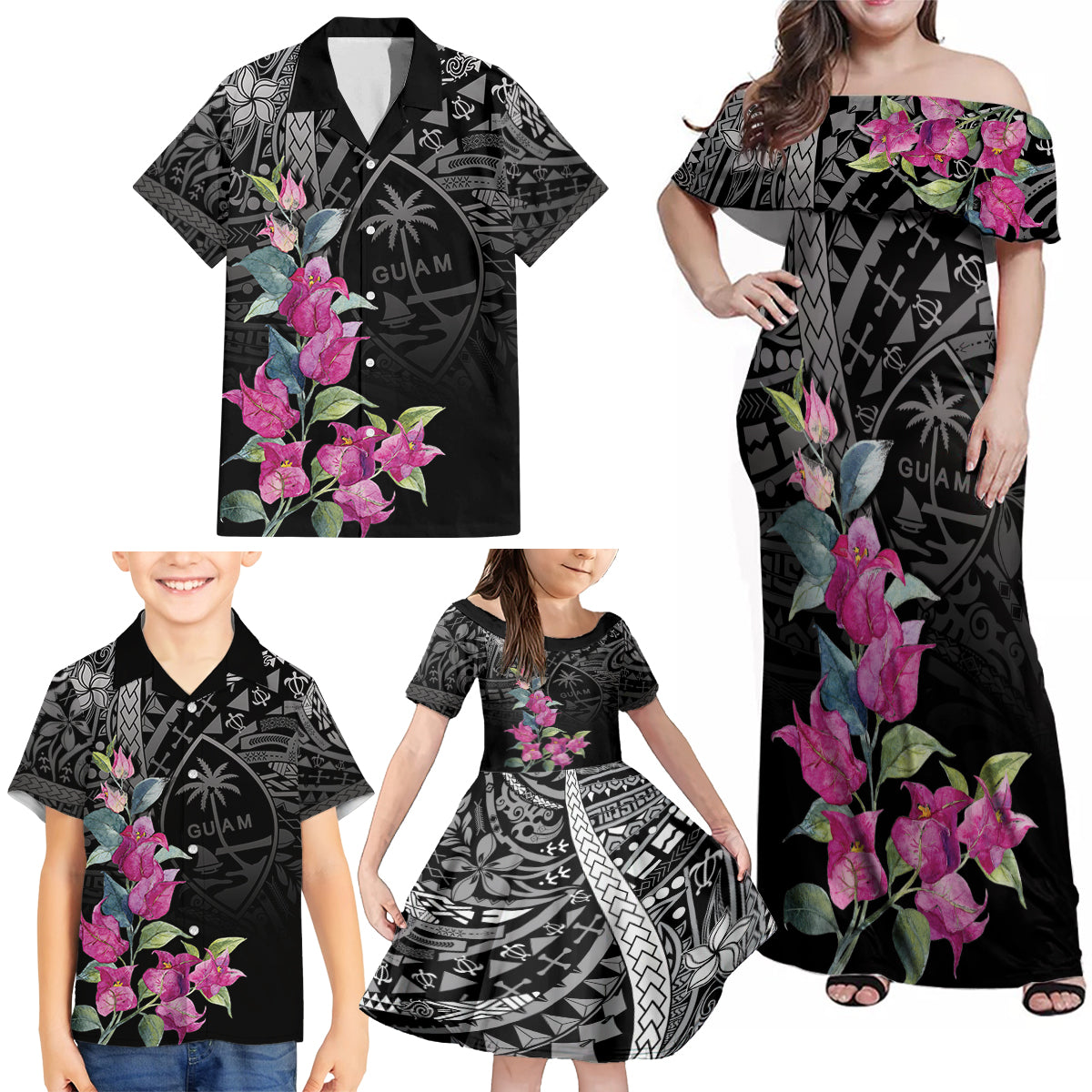 Guahan Puti Tai Nobiu Family Matching Off Shoulder Maxi Dress and Hawaiian Shirt Guam Bougainvillea Flower Art LT9 - Polynesian Pride