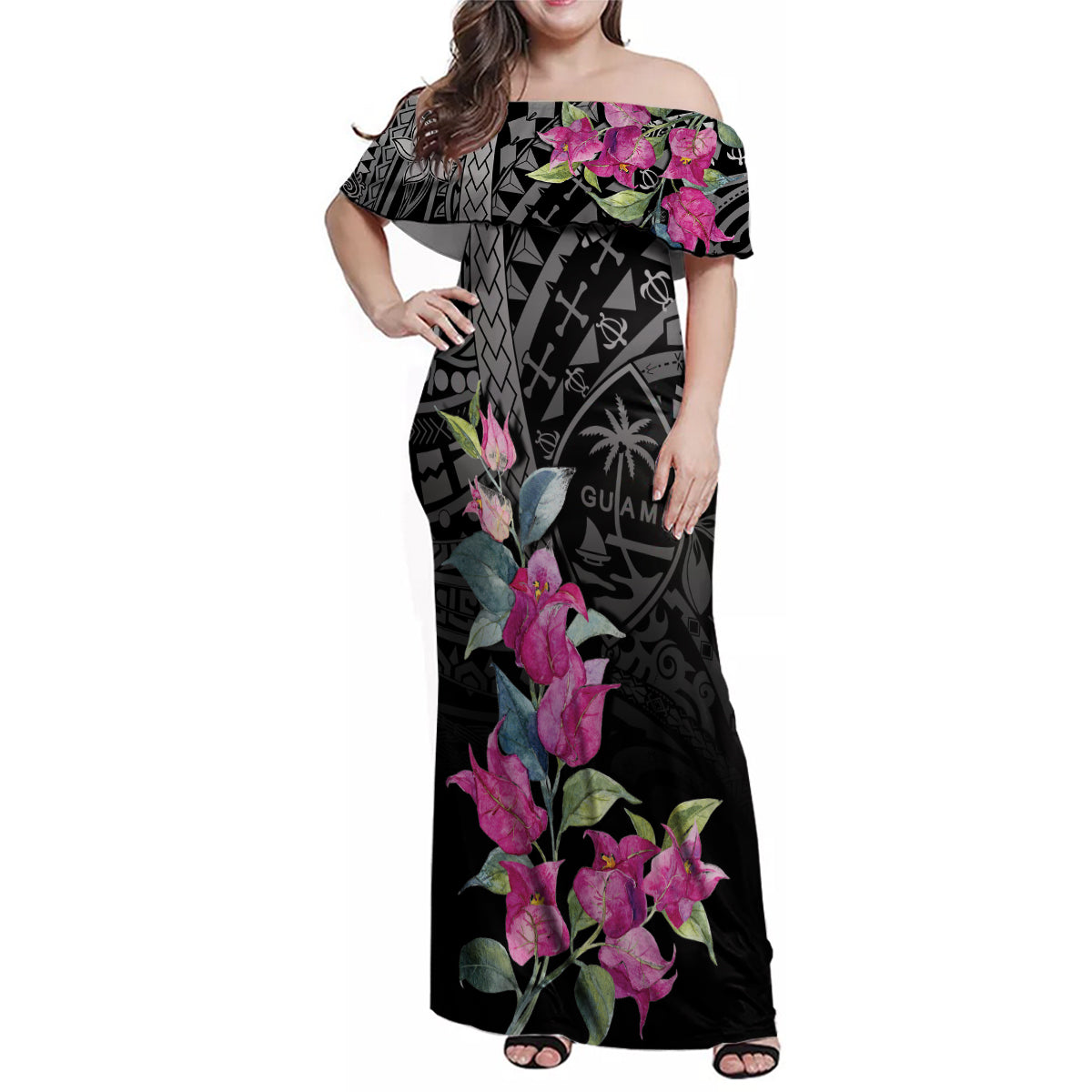Guahan Puti Tai Nobiu Family Matching Off Shoulder Maxi Dress and Hawaiian Shirt Guam Bougainvillea Flower Art LT9 Mom's Dress Black - Polynesian Pride