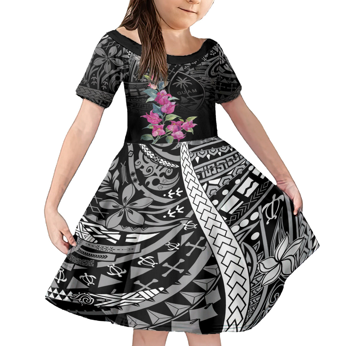 Guahan Puti Tai Nobiu Family Matching Off Shoulder Short Dress and Hawaiian Shirt Guam Bougainvillea Flower Art LT9 Daughter's Dress Black - Polynesian Pride