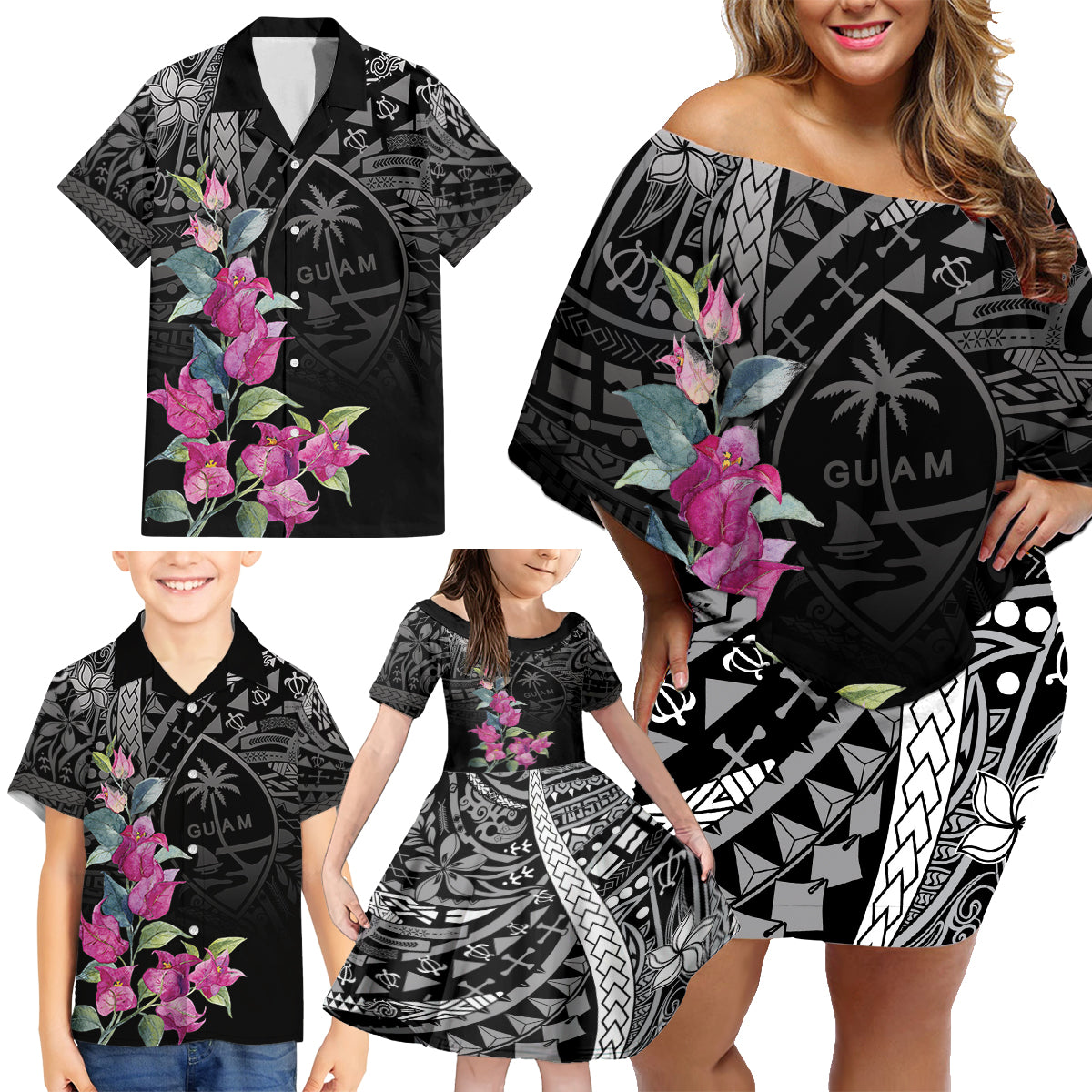 Guahan Puti Tai Nobiu Family Matching Off Shoulder Short Dress and Hawaiian Shirt Guam Bougainvillea Flower Art LT9 - Polynesian Pride