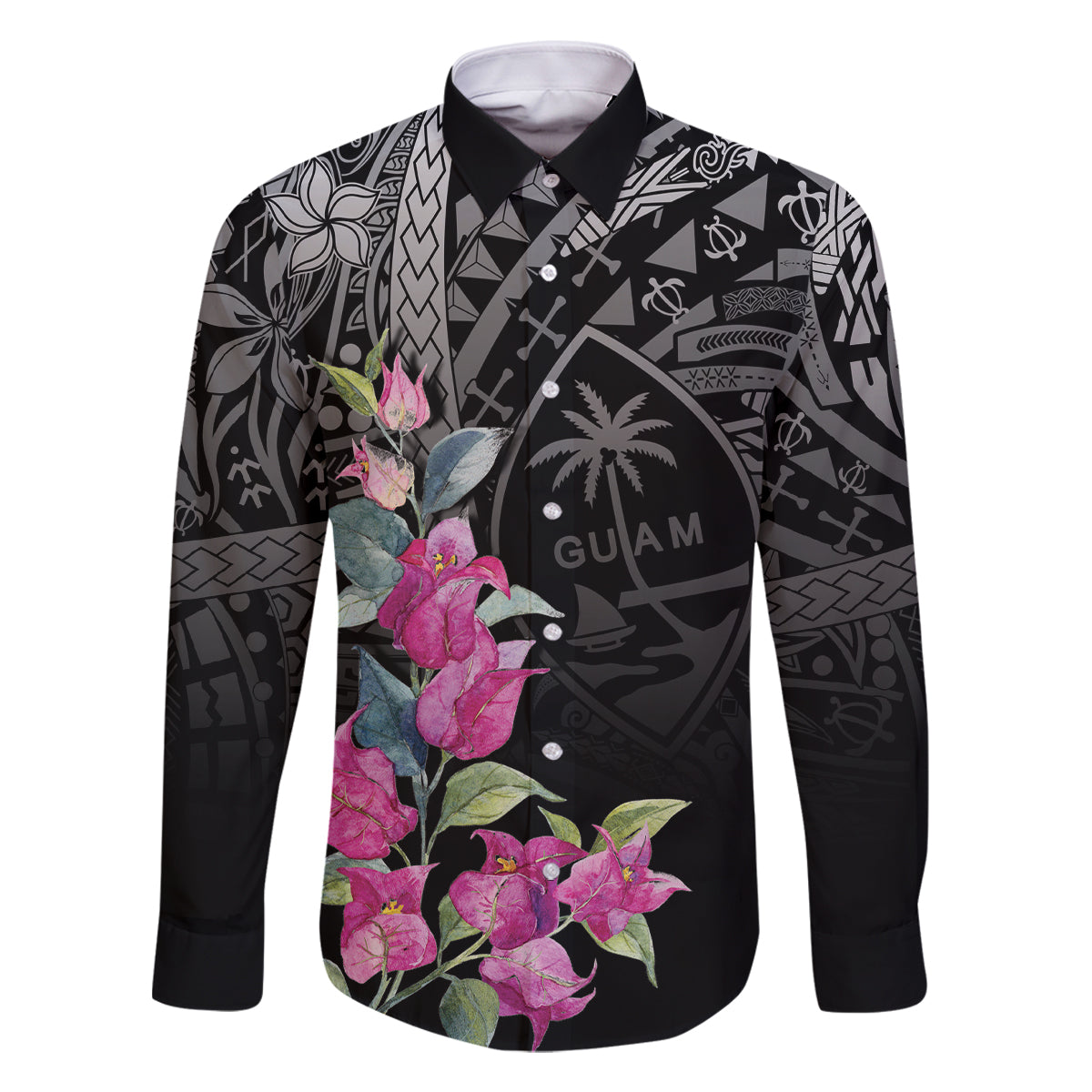 Guahan Puti Tai Nobiu Family Matching Off Shoulder Short Dress and Hawaiian Shirt Guam Bougainvillea Flower Art LT9 Dad's Shirt - Long Sleeve Black - Polynesian Pride
