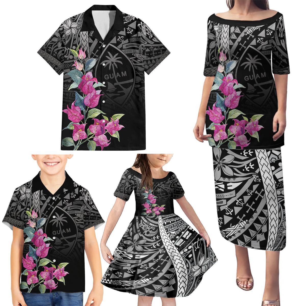 Guahan Puti Tai Nobiu Family Matching Puletasi and Hawaiian Shirt Guam Bougainvillea Flower Art LT9 - Polynesian Pride