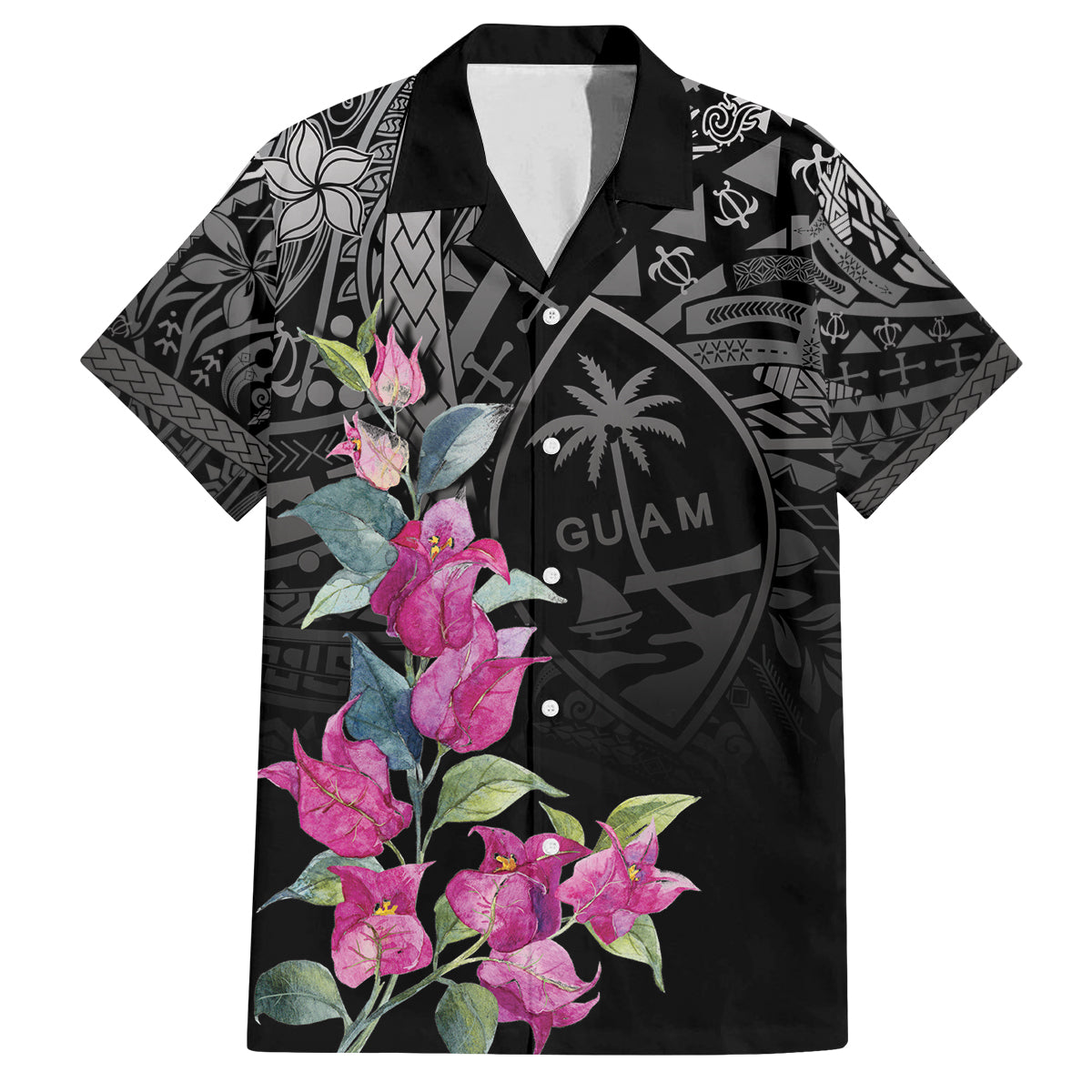 Guahan Puti Tai Nobiu Family Matching Puletasi and Hawaiian Shirt Guam Bougainvillea Flower Art LT9 Dad's Shirt - Short Sleeve Black - Polynesian Pride