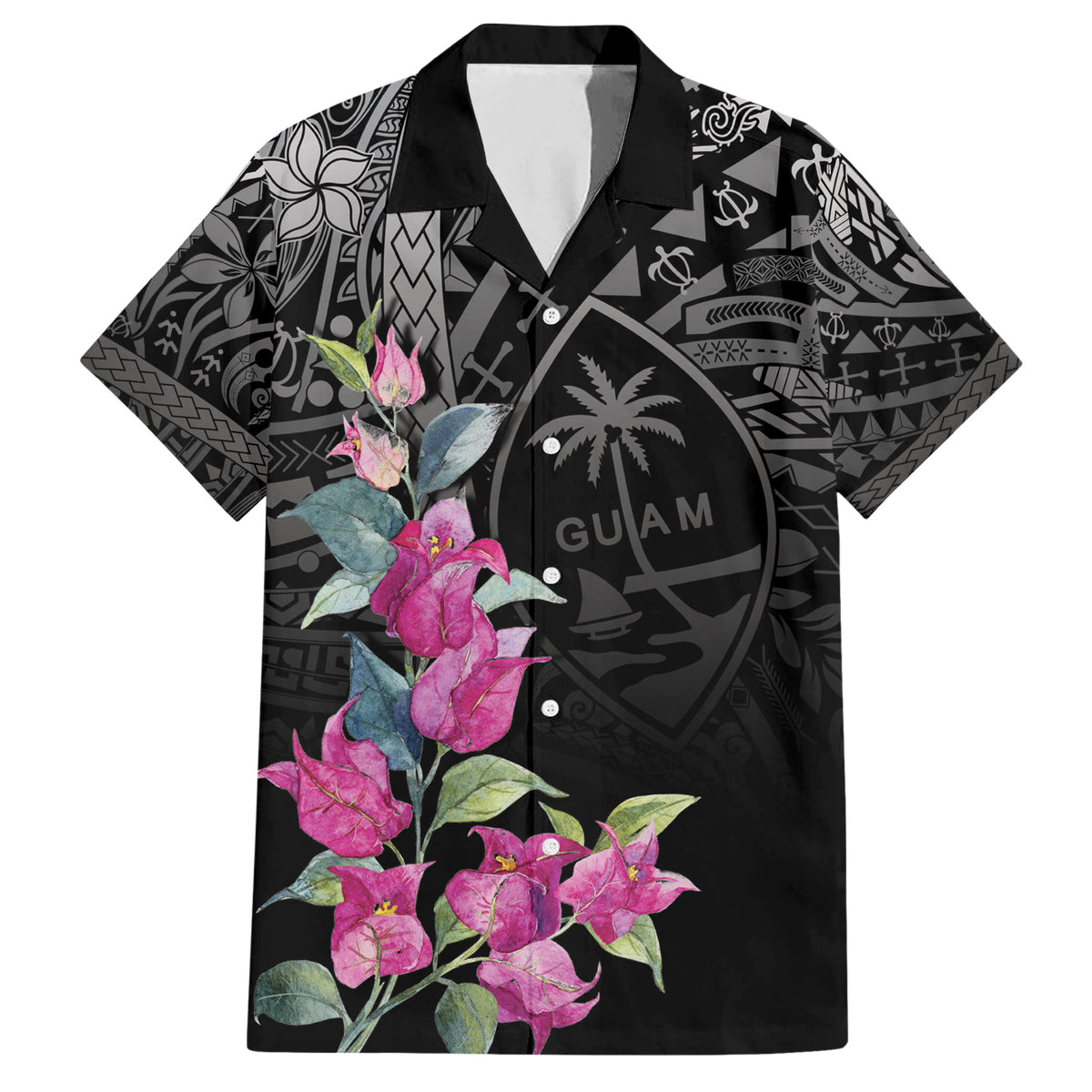 Guahan Puti Tai Nobiu Family Matching Short Sleeve Bodycon Dress and Hawaiian Shirt Guam Bougainvillea Flower Art LT9 Dad's Shirt - Short Sleeve Black - Polynesian Pride