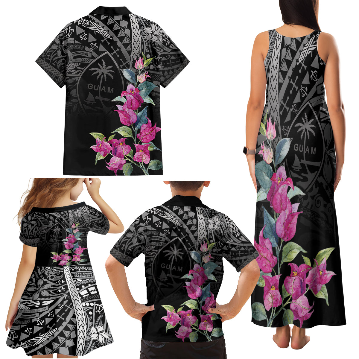 Guahan Puti Tai Nobiu Family Matching Tank Maxi Dress and Hawaiian Shirt Guam Bougainvillea Flower Art LT9 - Polynesian Pride