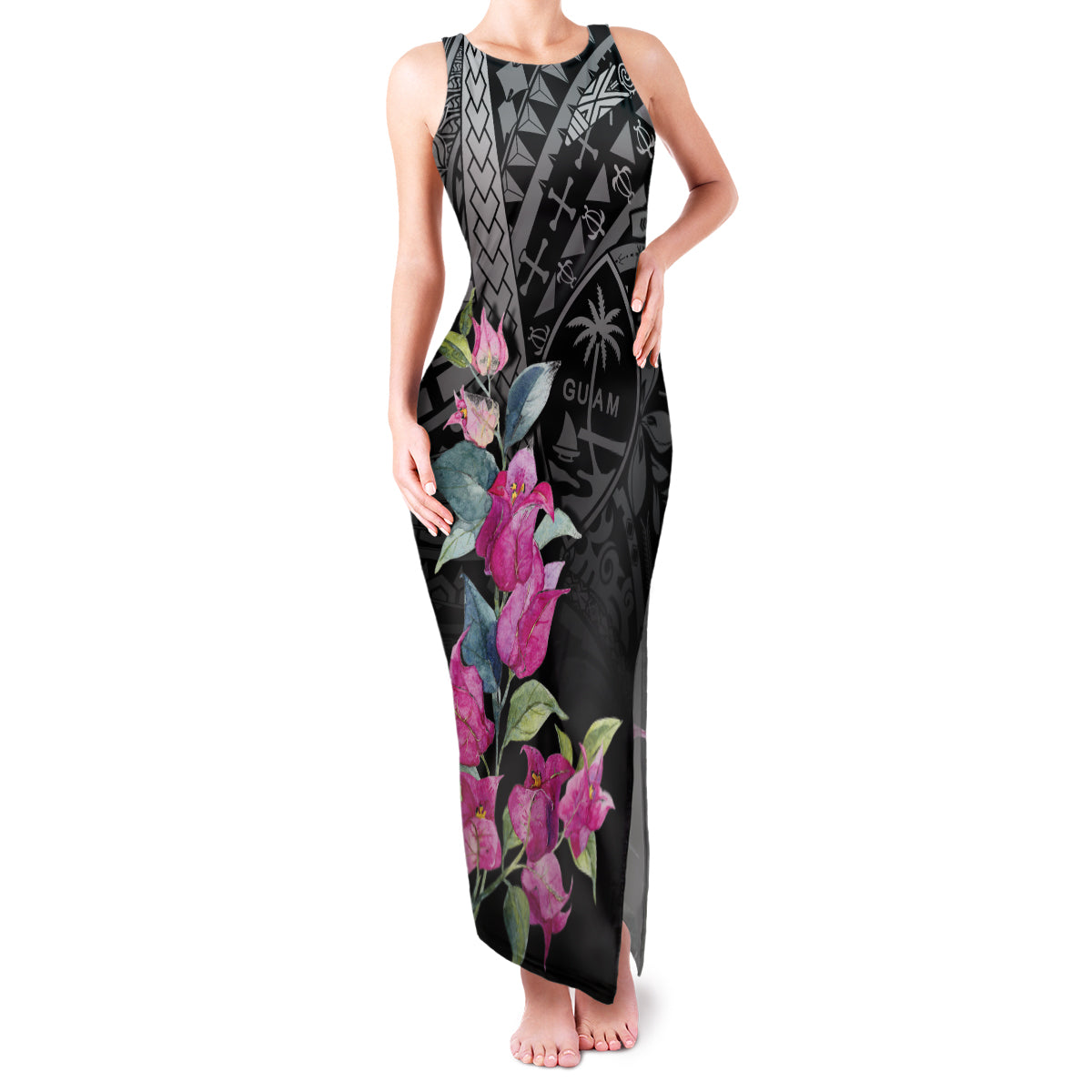 Guahan Puti Tai Nobiu Family Matching Tank Maxi Dress and Hawaiian Shirt Guam Bougainvillea Flower Art LT9 Mom's Dress Black - Polynesian Pride