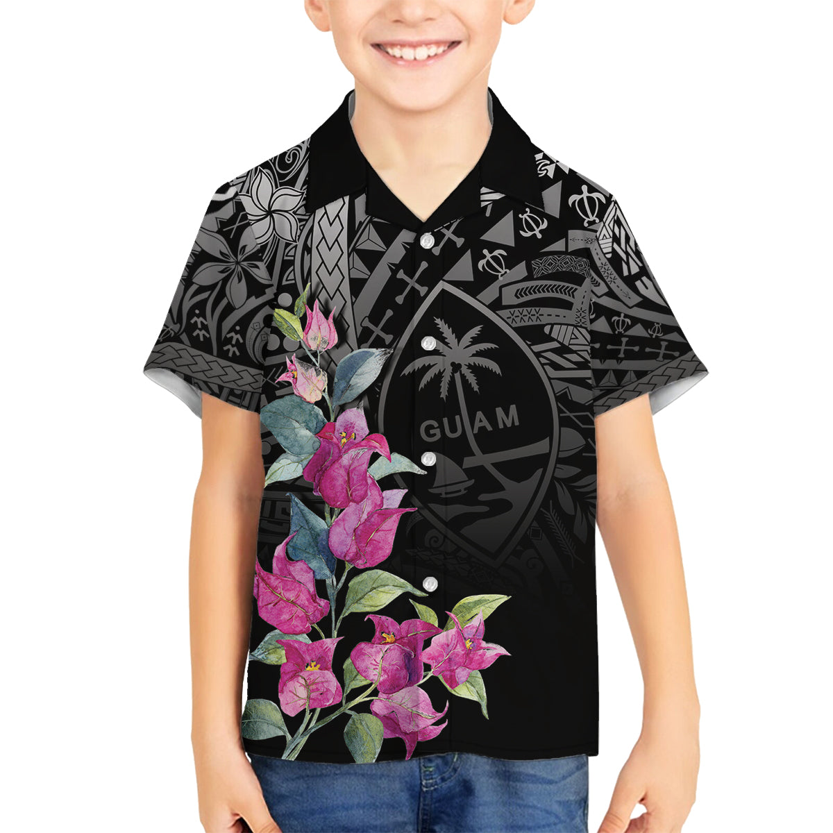 Guahan Puti Tai Nobiu Family Matching Tank Maxi Dress and Hawaiian Shirt Guam Bougainvillea Flower Art LT9 Son's Shirt Black - Polynesian Pride