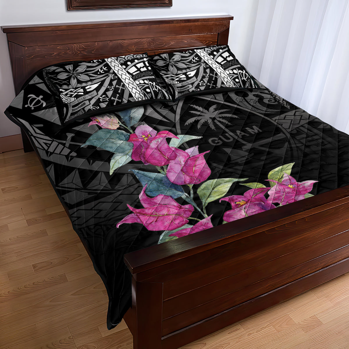 Guahan Puti Tai Nobiu Quilt Bed Set Guam Bougainvillea Flower Art