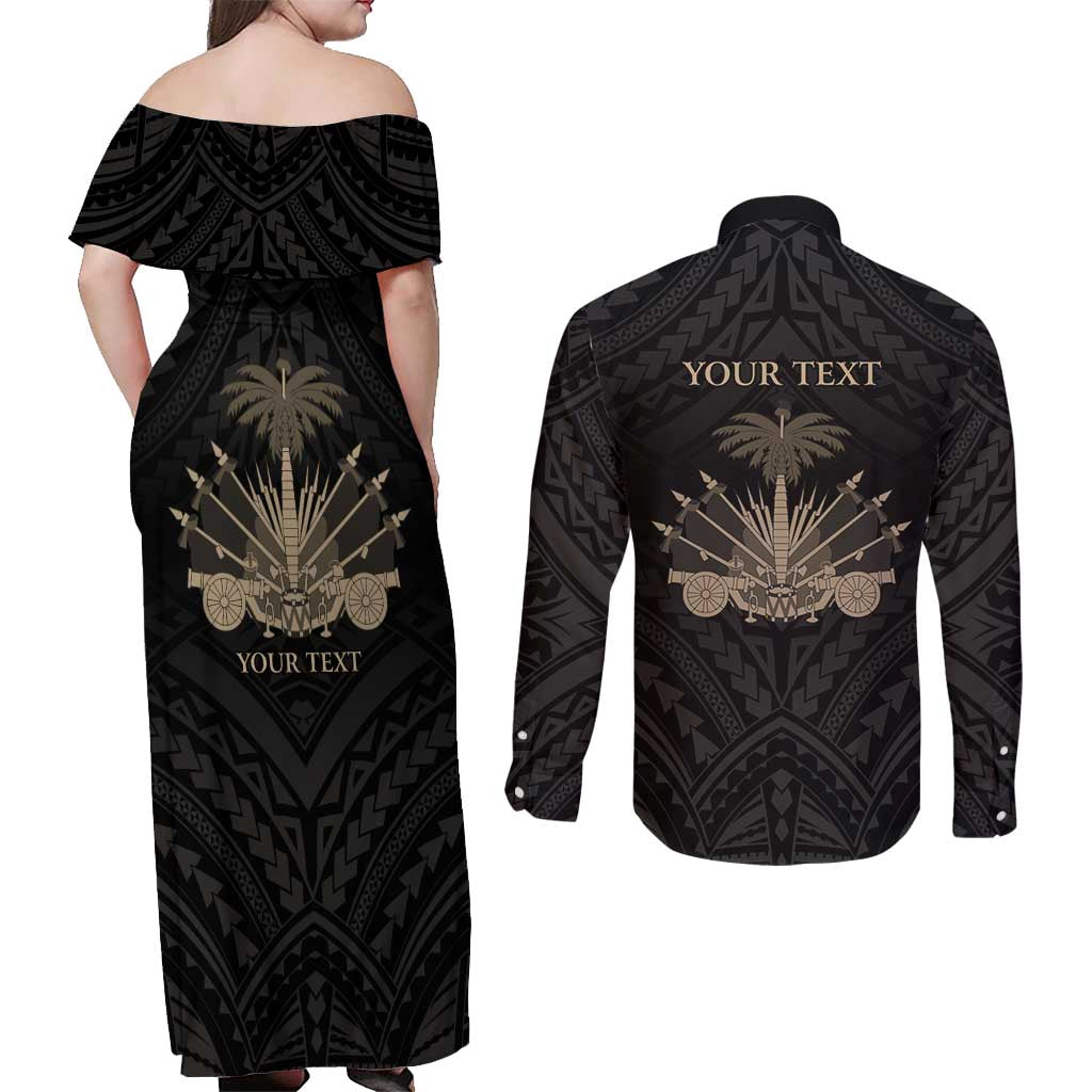 Personalized Haiti First Black Republic Couples Matching Off Shoulder Maxi Dress and Long Sleeve Button Shirt Negre Marron With Map And Flag