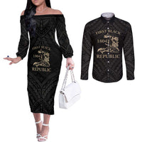 Personalized Haiti First Black Republic Couples Matching Off The Shoulder Long Sleeve Dress and Long Sleeve Button Shirt Negre Marron With Map And Flag
