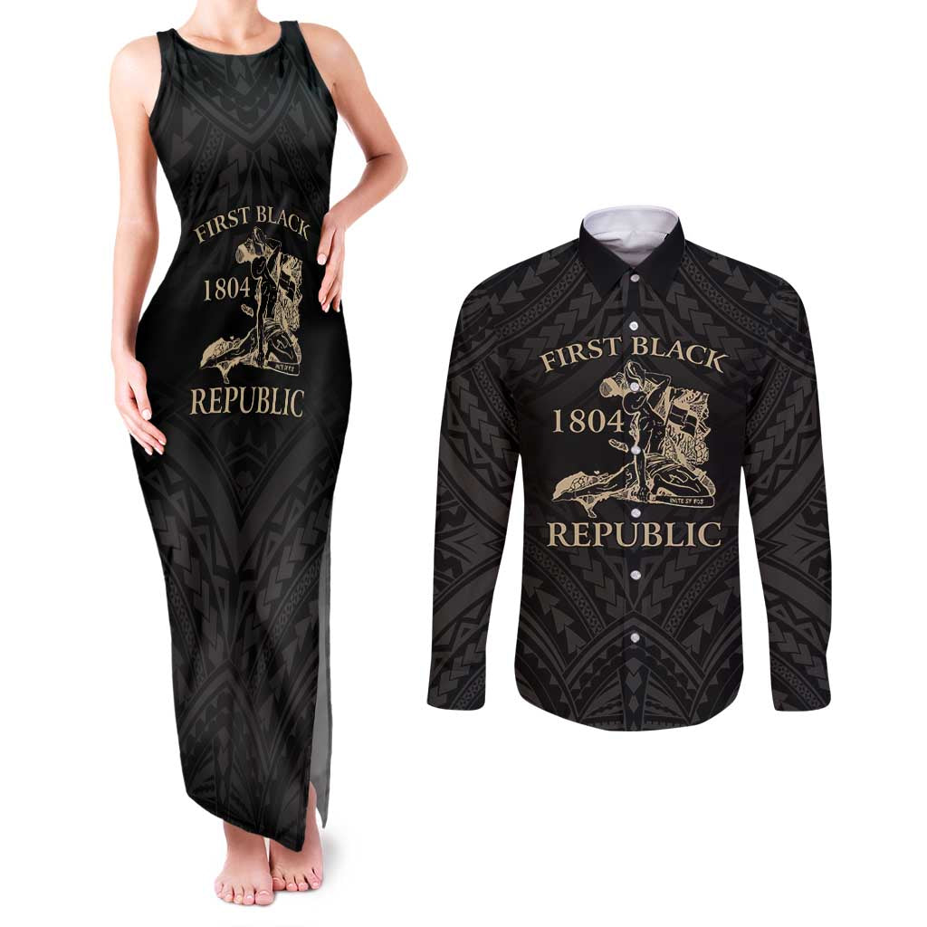 Personalized Haiti First Black Republic Couples Matching Tank Maxi Dress and Long Sleeve Button Shirt Negre Marron With Map And Flag