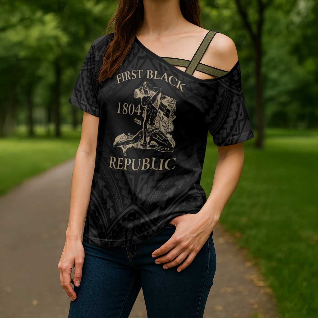 Personalized Haiti First Black Republic Cross Shoulder Shirt Negre Marron With Map And Flag - Polynesian Pride