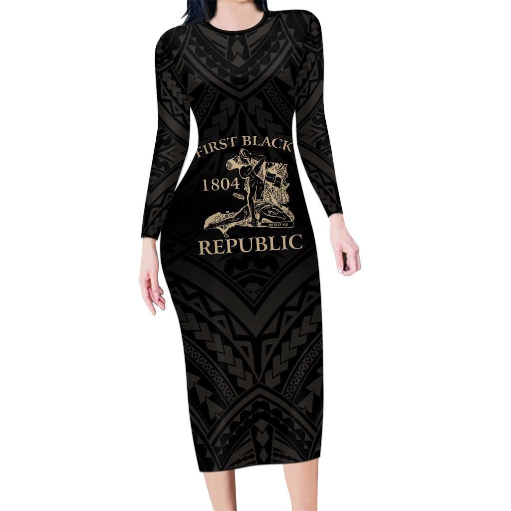 Personalized Haiti First Black Republic Family Matching Long Sleeve Bodycon Dress and Hawaiian Shirt Negre Marron With Map And Flag LT9 Mom's Dress Black - Polynesian Pride