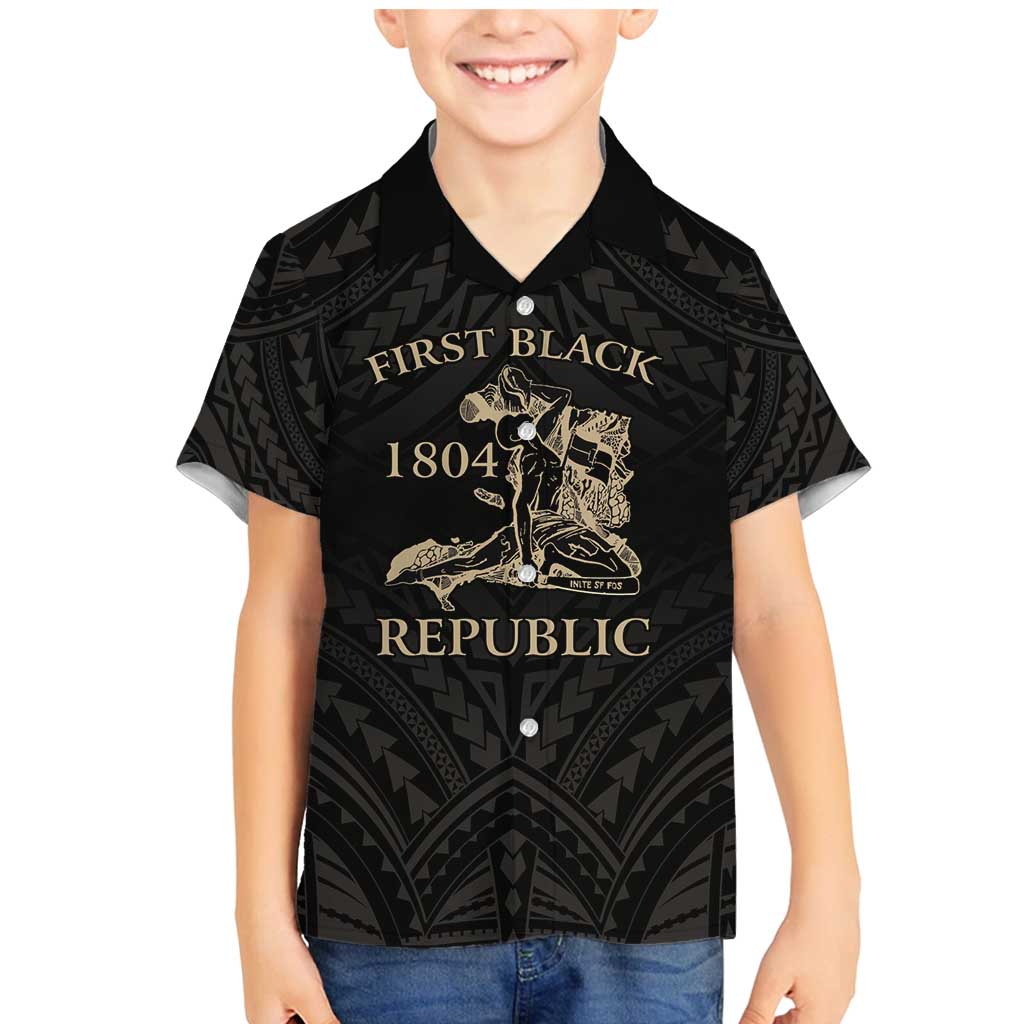 Personalized Haiti First Black Republic Family Matching Mermaid Dress and Hawaiian Shirt Negre Marron With Map And Flag LT9 Son's Shirt Black - Polynesian Pride