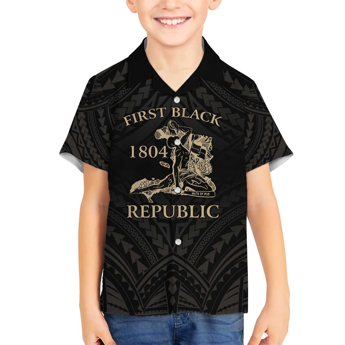 Personalized Haiti First Black Republic Family Matching Off The Shoulder Long Sleeve Dress and Hawaiian Shirt Negre Marron With Map And Flag LT9 Son's Shirt Black - Polynesian Pride