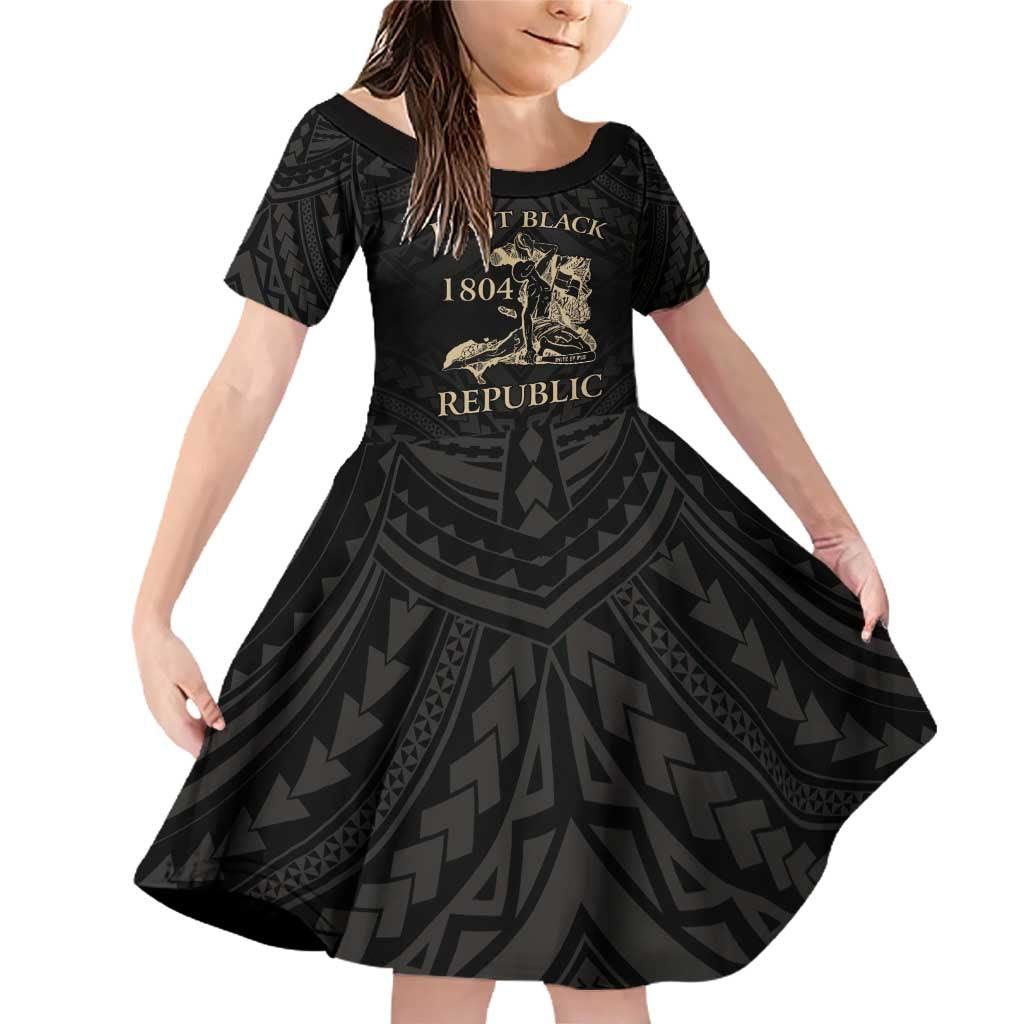 Personalized Haiti First Black Republic Family Matching Off Shoulder Short Dress and Hawaiian Shirt Negre Marron With Map And Flag LT9 Daughter's Dress Black - Polynesian Pride