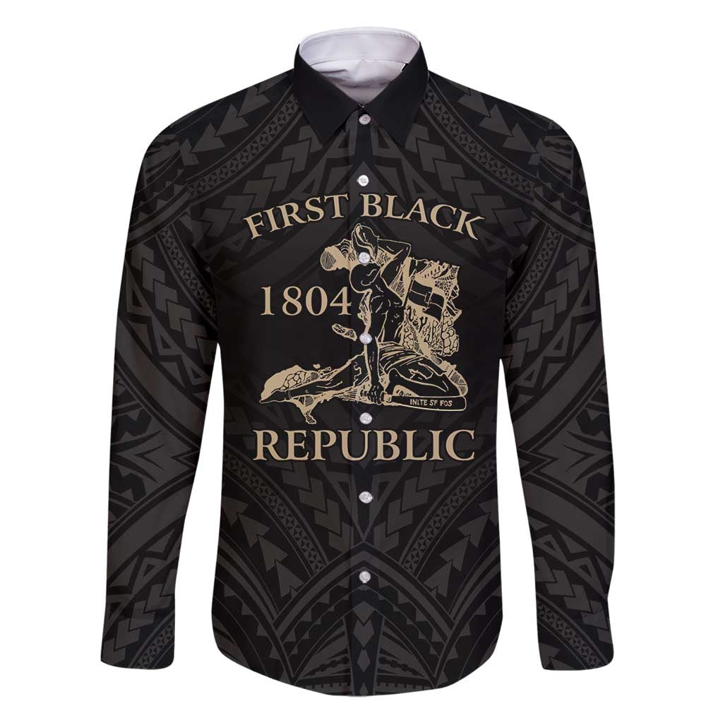 Personalized Haiti First Black Republic Family Matching Off Shoulder Short Dress and Hawaiian Shirt Negre Marron With Map And Flag LT9 Dad's Shirt - Long Sleeve Black - Polynesian Pride