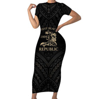 Personalized Haiti First Black Republic Family Matching Short Sleeve Bodycon Dress and Hawaiian Shirt Negre Marron With Map And Flag LT9 Mom's Dress Black - Polynesian Pride