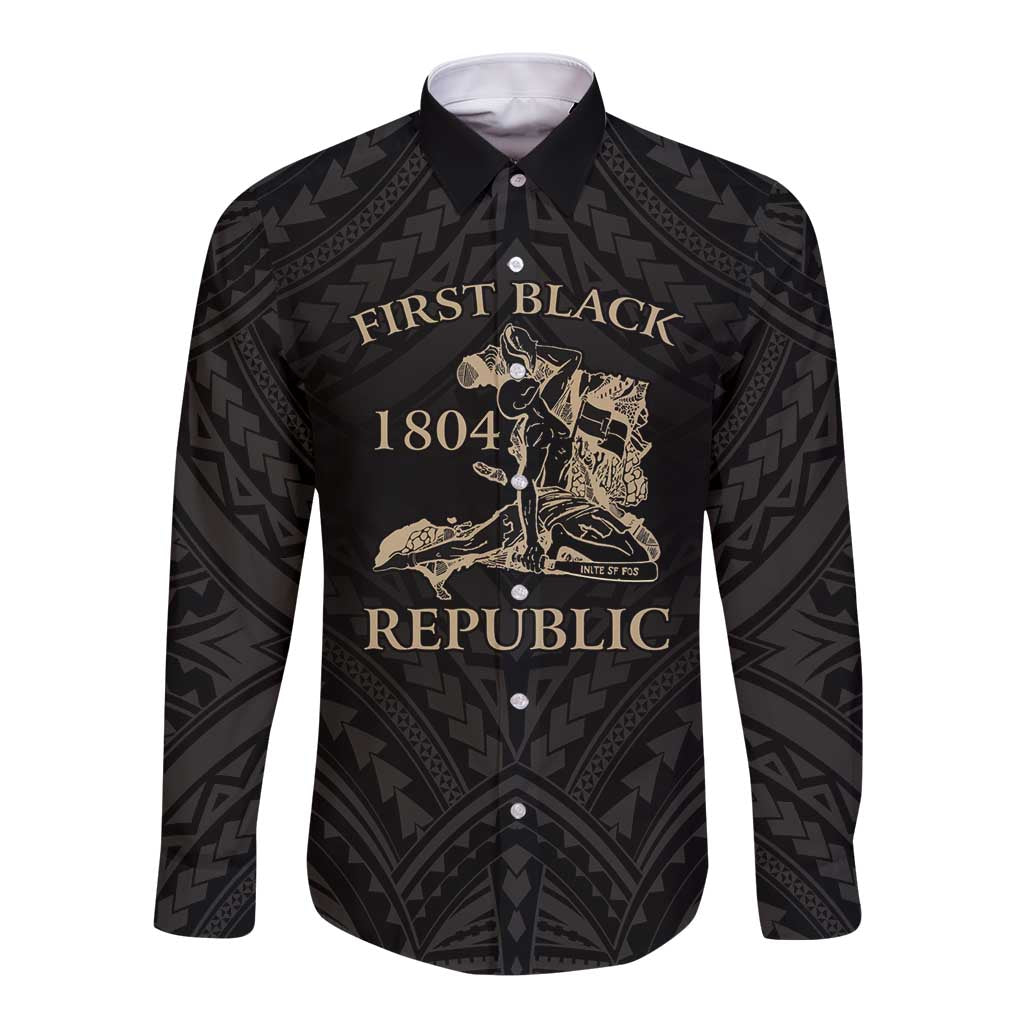 Personalized Haiti First Black Republic Long Sleeve Button Shirt Negre Marron With Map And Flag LT9 Unisex Black - Polynesian Pride