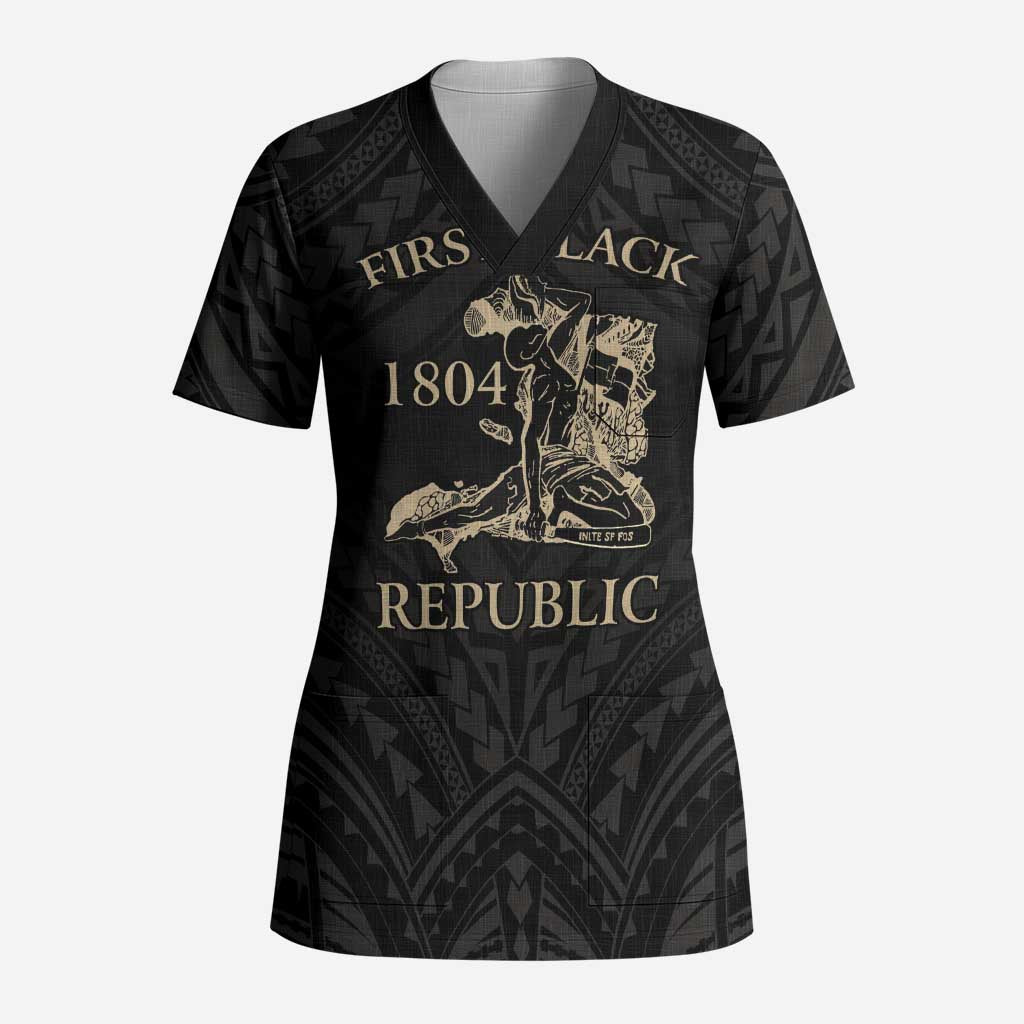 Personalized Haiti First Black Republic Scrub Top Negre Marron With Map And Flag - Polynesian Pride
