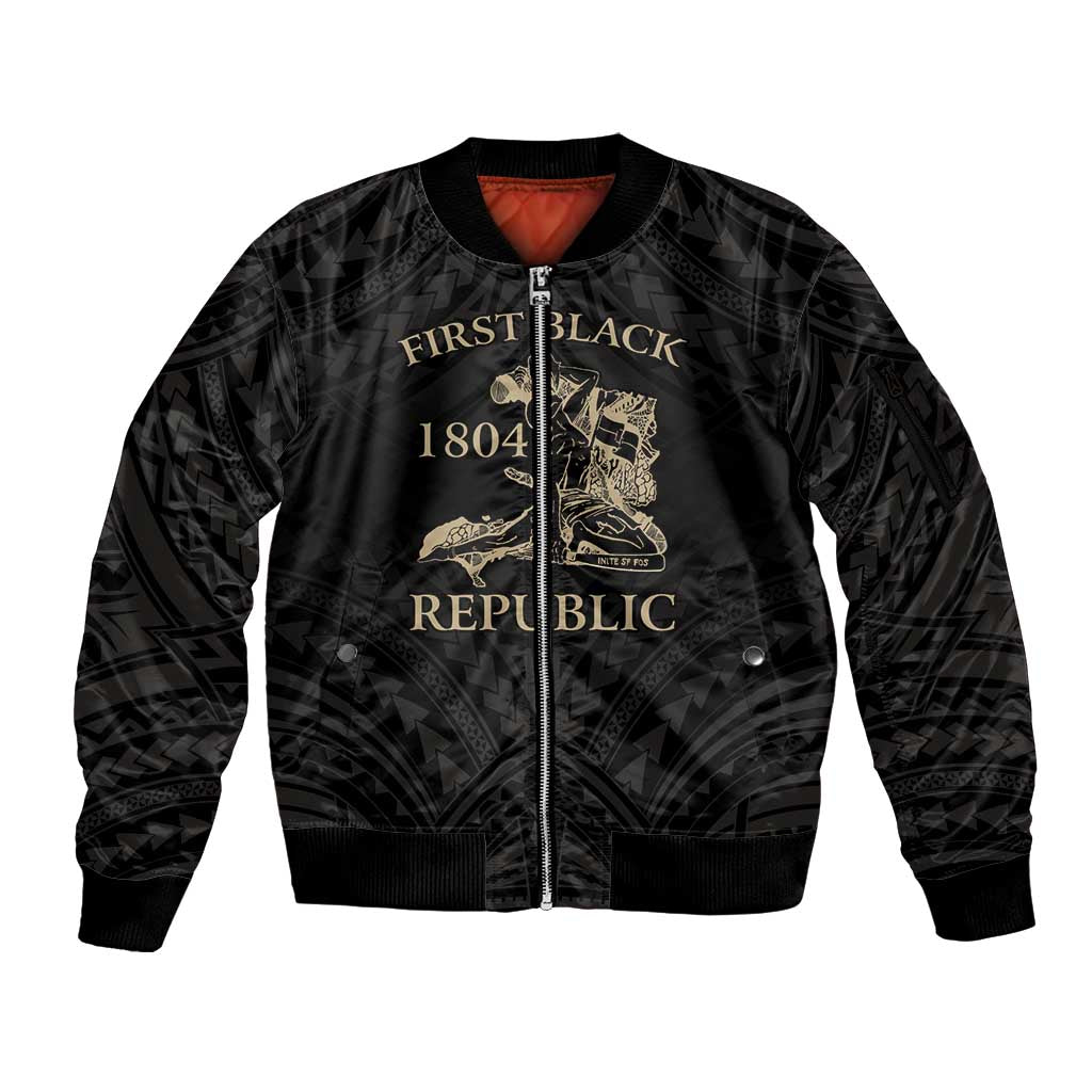 Personalized Haiti First Black Republic Sleeve Zip Bomber Jacket Negre Marron With Map And Flag LT9 Unisex Black - Polynesian Pride