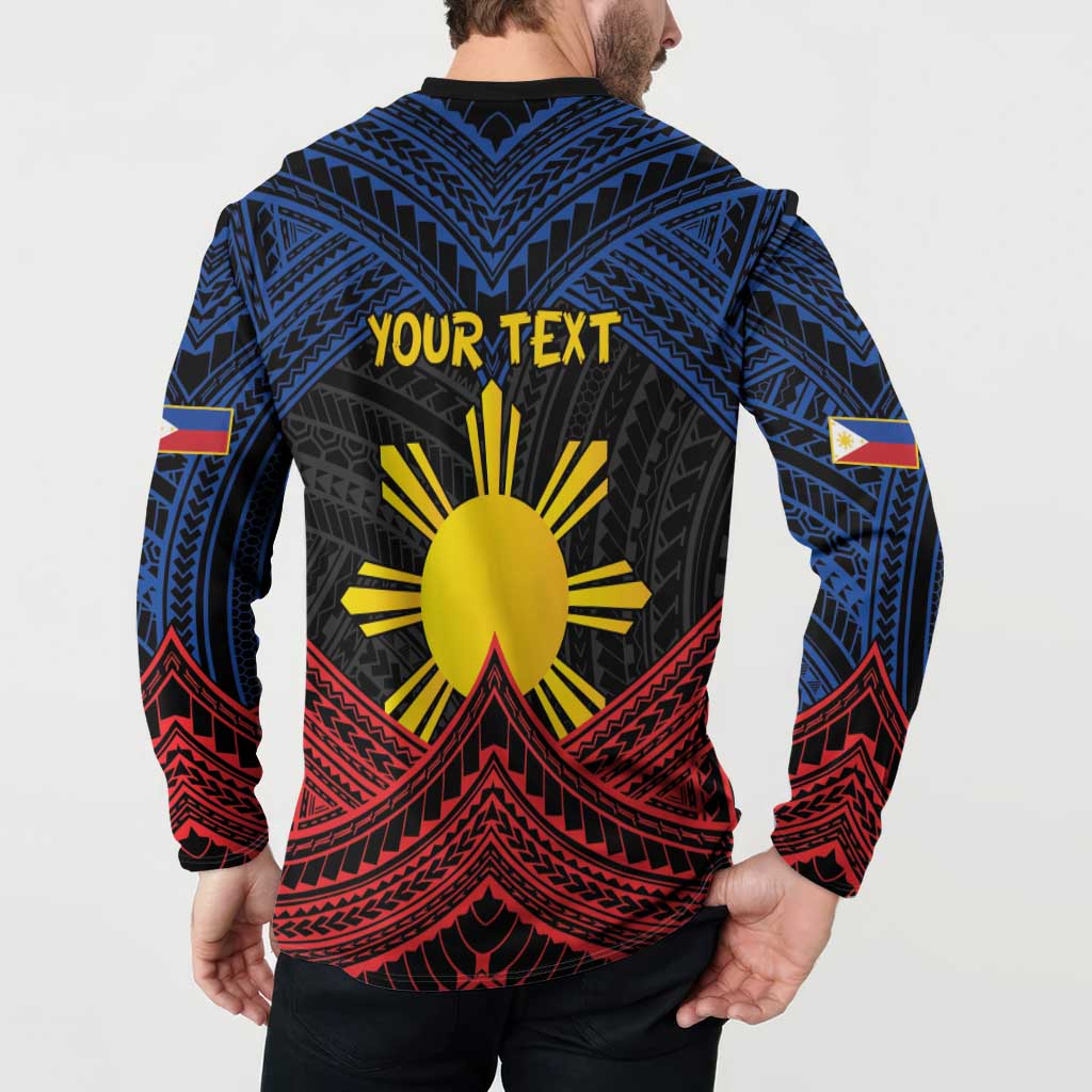 Personalized Philippines Button Sweatshirt Polynesian Tribal Tattoo with Filipino Flag Motif
