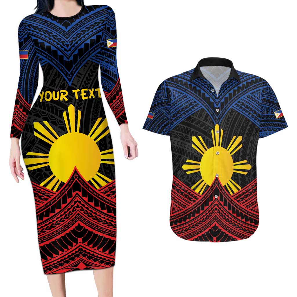 Personalized Philippines Couples Matching Long Sleeve Bodycon Dress and Hawaiian Shirt Polynesian Tribal Tattoo with Filipino Flag Motif LT9 Black - Polynesian Pride