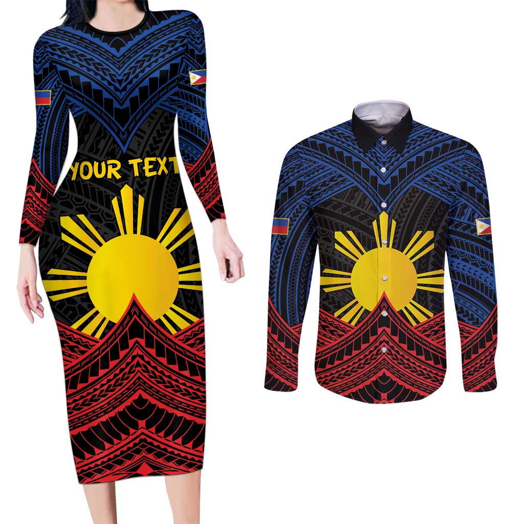 Personalized Philippines Couples Matching Long Sleeve Bodycon Dress and Long Sleeve Button Shirt Polynesian Tribal Tattoo with Filipino Flag Motif LT9 Black - Polynesian Pride