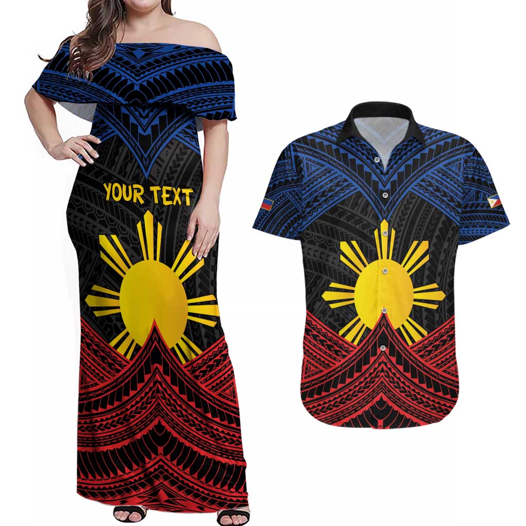 Personalized Philippines Couples Matching Off Shoulder Maxi Dress and Hawaiian Shirt Polynesian Tribal Tattoo with Filipino Flag Motif LT9 Black - Polynesian Pride
