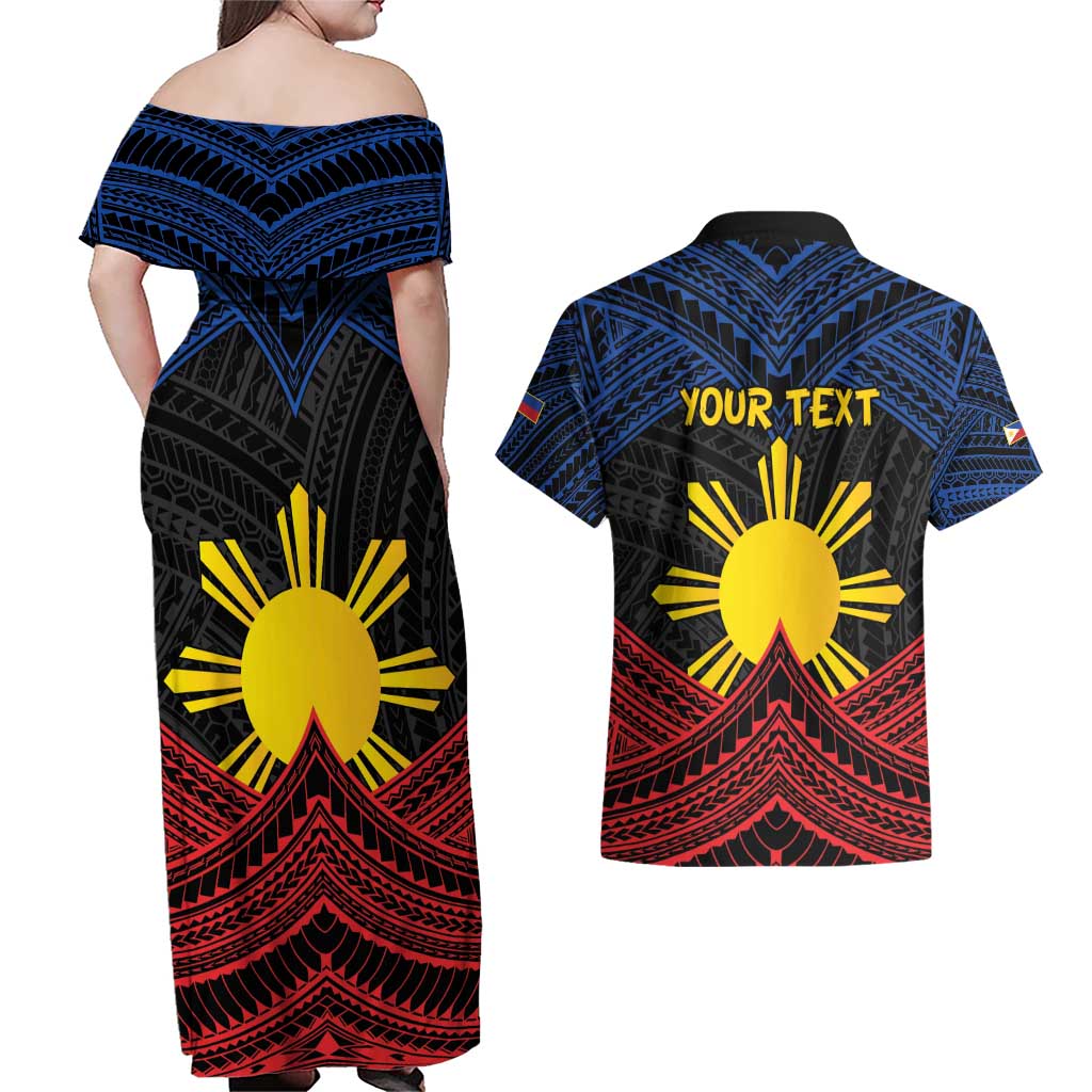 Personalized Philippines Couples Matching Off Shoulder Maxi Dress and Hawaiian Shirt Polynesian Tribal Tattoo with Filipino Flag Motif LT9 - Polynesian Pride