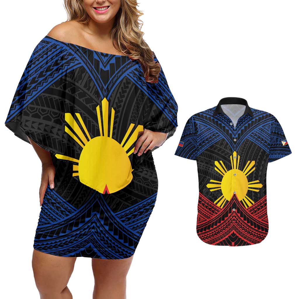 Personalized Philippines Couples Matching Off Shoulder Short Dress and Hawaiian Shirt Polynesian Tribal Tattoo with Filipino Flag Motif LT9 Black - Polynesian Pride