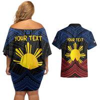 Personalized Philippines Couples Matching Off Shoulder Short Dress and Hawaiian Shirt Polynesian Tribal Tattoo with Filipino Flag Motif LT9 - Polynesian Pride