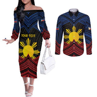 Personalized Philippines Couples Matching Off The Shoulder Long Sleeve Dress and Long Sleeve Button Shirt Polynesian Tribal Tattoo with Filipino Flag Motif LT9 Black - Polynesian Pride