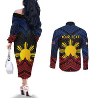 Personalized Philippines Couples Matching Off The Shoulder Long Sleeve Dress and Long Sleeve Button Shirt Polynesian Tribal Tattoo with Filipino Flag Motif LT9 - Polynesian Pride