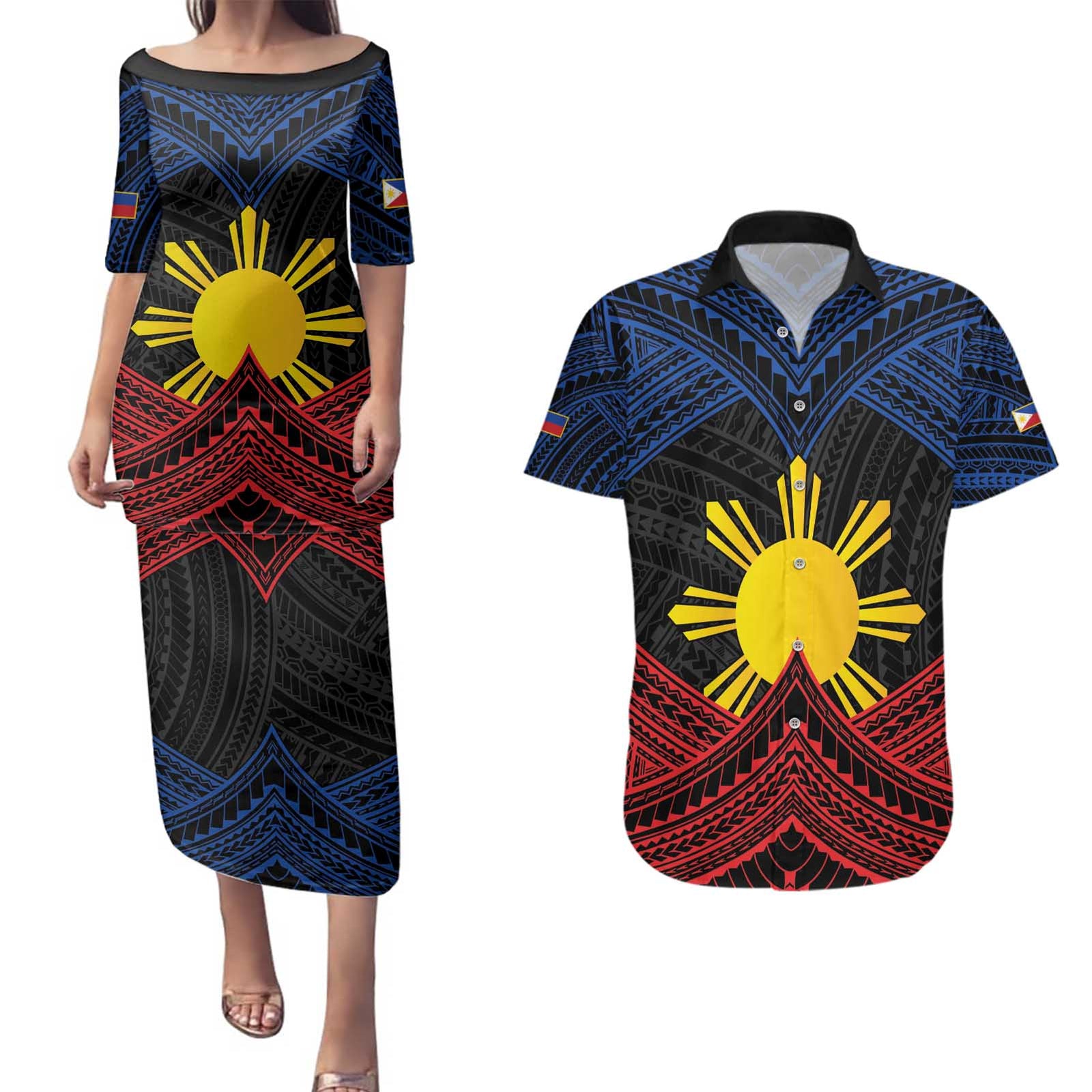 Personalized Philippines Couples Matching Puletasi and Hawaiian Shirt Polynesian Tribal Tattoo with Filipino Flag Motif