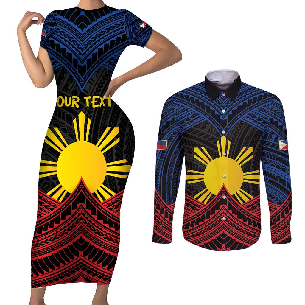 Personalized Philippines Couples Matching Short Sleeve Bodycon Dress and Long Sleeve Button Shirt Polynesian Tribal Tattoo with Filipino Flag Motif LT9 Black - Polynesian Pride