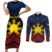 Personalized Philippines Couples Matching Short Sleeve Bodycon Dress and Long Sleeve Button Shirt Polynesian Tribal Tattoo with Filipino Flag Motif LT9 Black - Polynesian Pride
