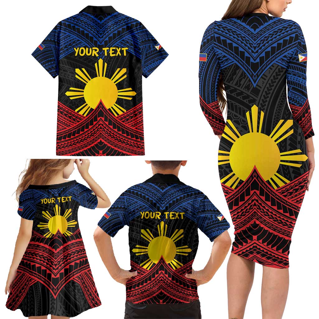 Personalized Philippines Family Matching Long Sleeve Bodycon Dress and Hawaiian Shirt Polynesian Tribal Tattoo with Filipino Flag Motif LT9 - Polynesian Pride