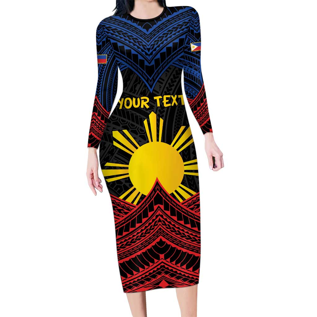 Personalized Philippines Family Matching Long Sleeve Bodycon Dress and Hawaiian Shirt Polynesian Tribal Tattoo with Filipino Flag Motif LT9 Mom's Dress Black - Polynesian Pride