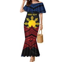 Personalized Philippines Family Matching Mermaid Dress and Hawaiian Shirt Polynesian Tribal Tattoo with Filipino Flag Motif LT9 Mom's Dress Black - Polynesian Pride