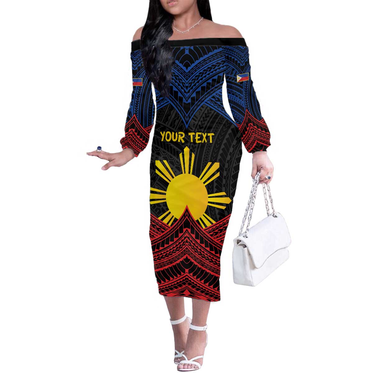 Personalized Philippines Family Matching Off The Shoulder Long Sleeve Dress and Hawaiian Shirt Polynesian Tribal Tattoo with Filipino Flag Motif LT9 Mom's Dress Black - Polynesian Pride