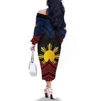 Personalized Philippines Family Matching Off The Shoulder Long Sleeve Dress and Hawaiian Shirt Polynesian Tribal Tattoo with Filipino Flag Motif LT9 - Polynesian Pride
