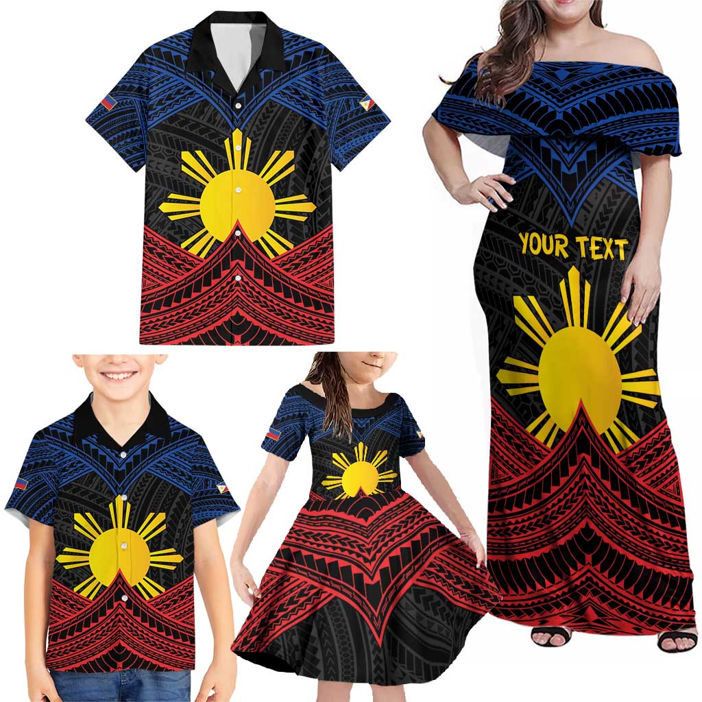 Personalized Philippines Family Matching Off Shoulder Maxi Dress and Hawaiian Shirt Polynesian Tribal Tattoo with Filipino Flag Motif LT9 - Polynesian Pride
