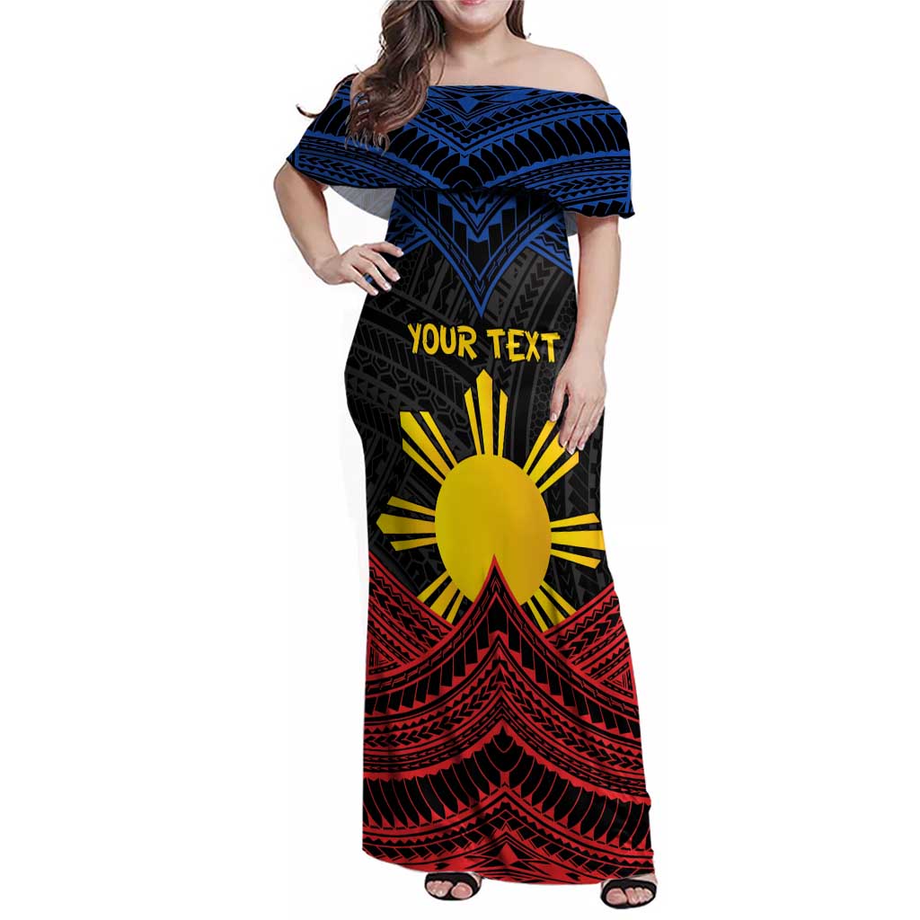 Personalized Philippines Family Matching Off Shoulder Maxi Dress and Hawaiian Shirt Polynesian Tribal Tattoo with Filipino Flag Motif LT9 Mom's Dress Black - Polynesian Pride
