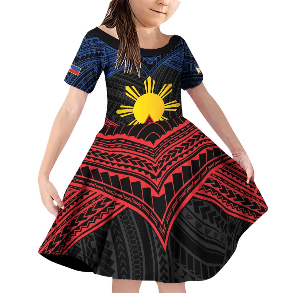 Personalized Philippines Family Matching Off Shoulder Short Dress and Hawaiian Shirt Polynesian Tribal Tattoo with Filipino Flag Motif LT9 Daughter's Dress Black - Polynesian Pride