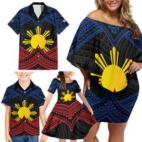 Personalized Philippines Family Matching Off Shoulder Short Dress and Hawaiian Shirt Polynesian Tribal Tattoo with Filipino Flag Motif LT9 - Polynesian Pride