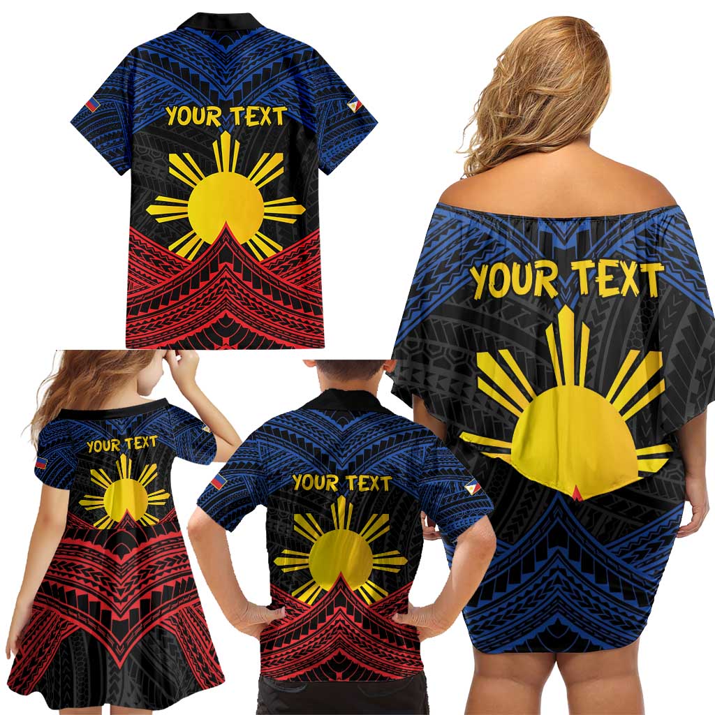 Personalized Philippines Family Matching Off Shoulder Short Dress and Hawaiian Shirt Polynesian Tribal Tattoo with Filipino Flag Motif LT9 - Polynesian Pride